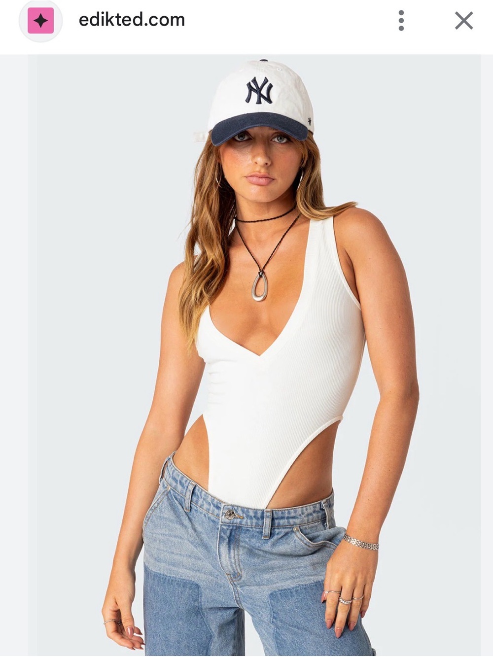 Edikted White Ribbed V-Neck high cut  Bodysuit